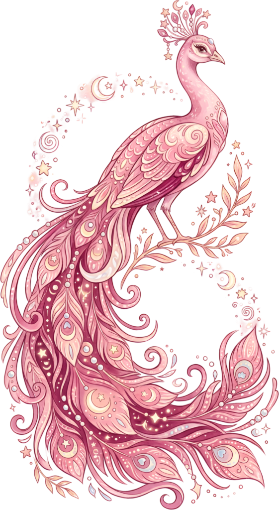 - Ornate Pink Peacock Illustration illuminates, featuring celestial Moon Stars and Swirling Tail Clipart PNG for decor. Free PNG Download