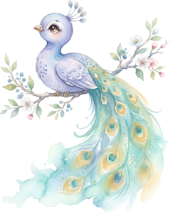 Charming Pastel Blue Peacock Illustration for decor, this Watercolor Peachick PNG on a floral branch Clipart.