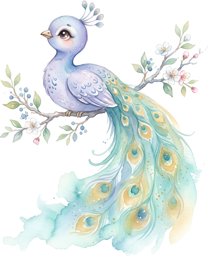 - Charming Pastel Blue Peacock Illustration for decor, this Watercolor Peachick PNG on a floral branch Clipart. Free PNG Download