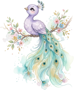 Pastel Peacock Illustration, featuring a cute Purple Peachick PNG on a blossom branch Clipart for art.