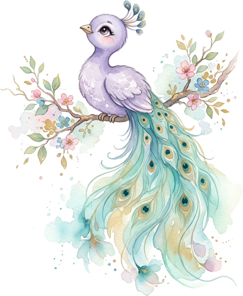 - Pastel Peacock Illustration, featuring a cute Purple Peachick PNG on a blossom branch Clipart for art. Free PNG Download