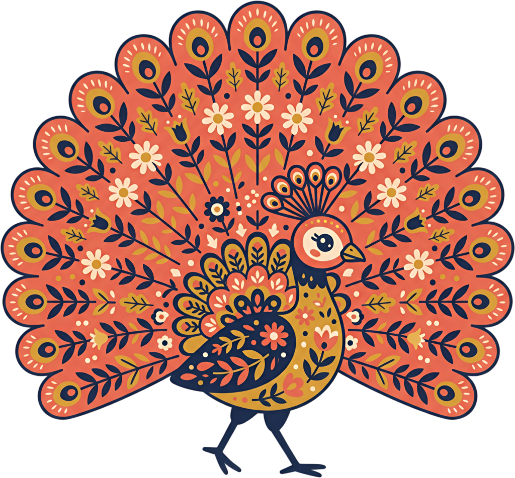 - Orange Folk Art Peacock Clipart, a bold Illustration featuring intricate floral patterns PNG for crafts. Free PNG Download