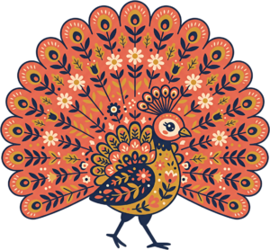 Orange Folk Art Peacock Clipart, a bold Illustration featuring intricate floral patterns PNG for crafts.