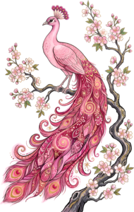 Elegant Cherry Blossom Peacock PNG, a luxurious Pink Illustration featuring a Golden Swirl Tail Clipart.