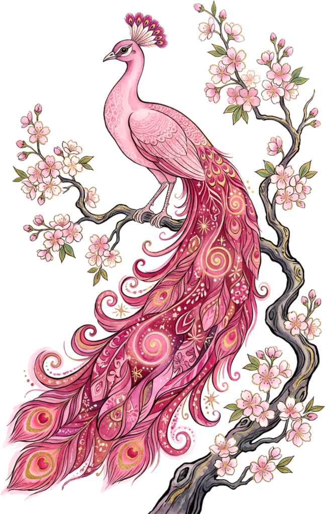 Elegant Cherry Blossom Peacock PNG, a luxurious Pink Illustration featuring a Golden Swirl Tail Clipart. 1 - Elegant Cherry Blossom Peacock PNG, a luxurious Pink Illustration featuring a Golden Swirl Tail Clipart. Free PNG Download