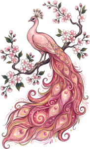Exquisite Pink Peacock Illustration with Glimmering Tail, perched on a Cherry Blossom Branch Clipart PNG.