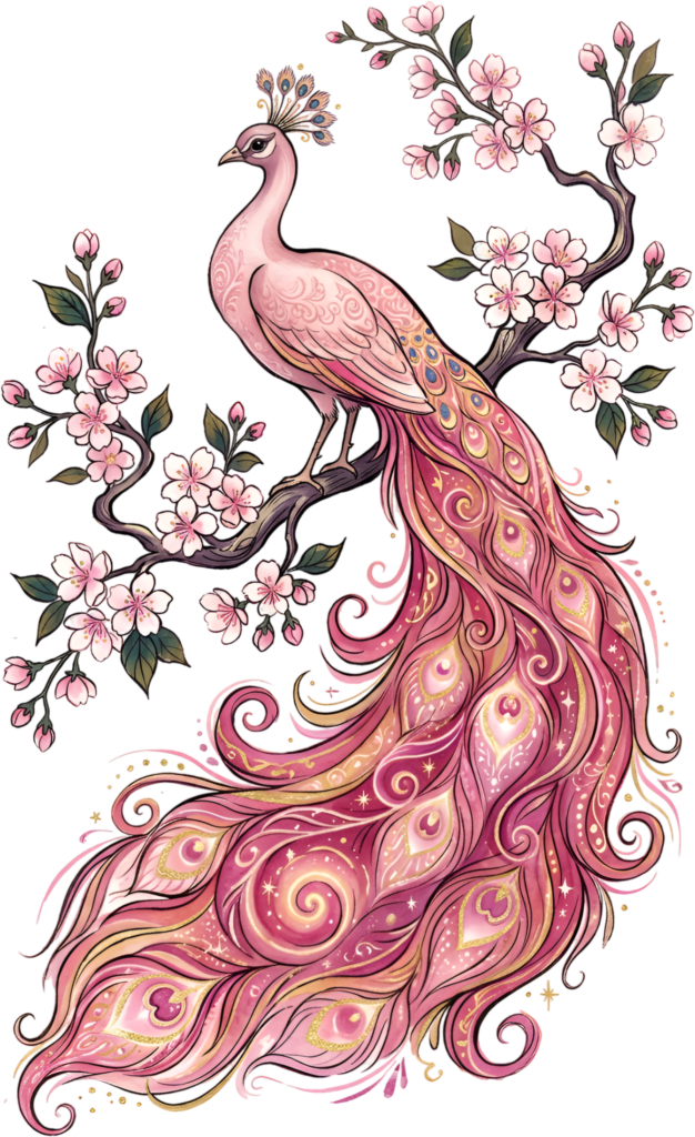 Exquisite Pink Peacock Illustration with Glimmering Tail, perched on a Cherry Blossom Branch Clipart PNG. 1 - Exquisite Pink Peacock Illustration with Glimmering Tail, perched on a Cherry Blossom Branch Clipart PNG. Free PNG Download