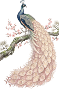 Graceful White Tailed Peacock PNG, a unique Blue Green Illustration perched on a Cherry Blossom branch Clipart.
