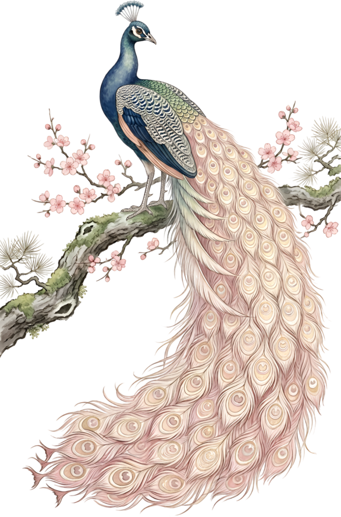 Graceful White Tailed Peacock PNG, a unique Blue Green Illustration perched on a Cherry Blossom branch Clipart. 1 - Graceful White Tailed Peacock PNG, a unique Blue Green Illustration perched on a Cherry Blossom branch Clipart. Free PNG Download