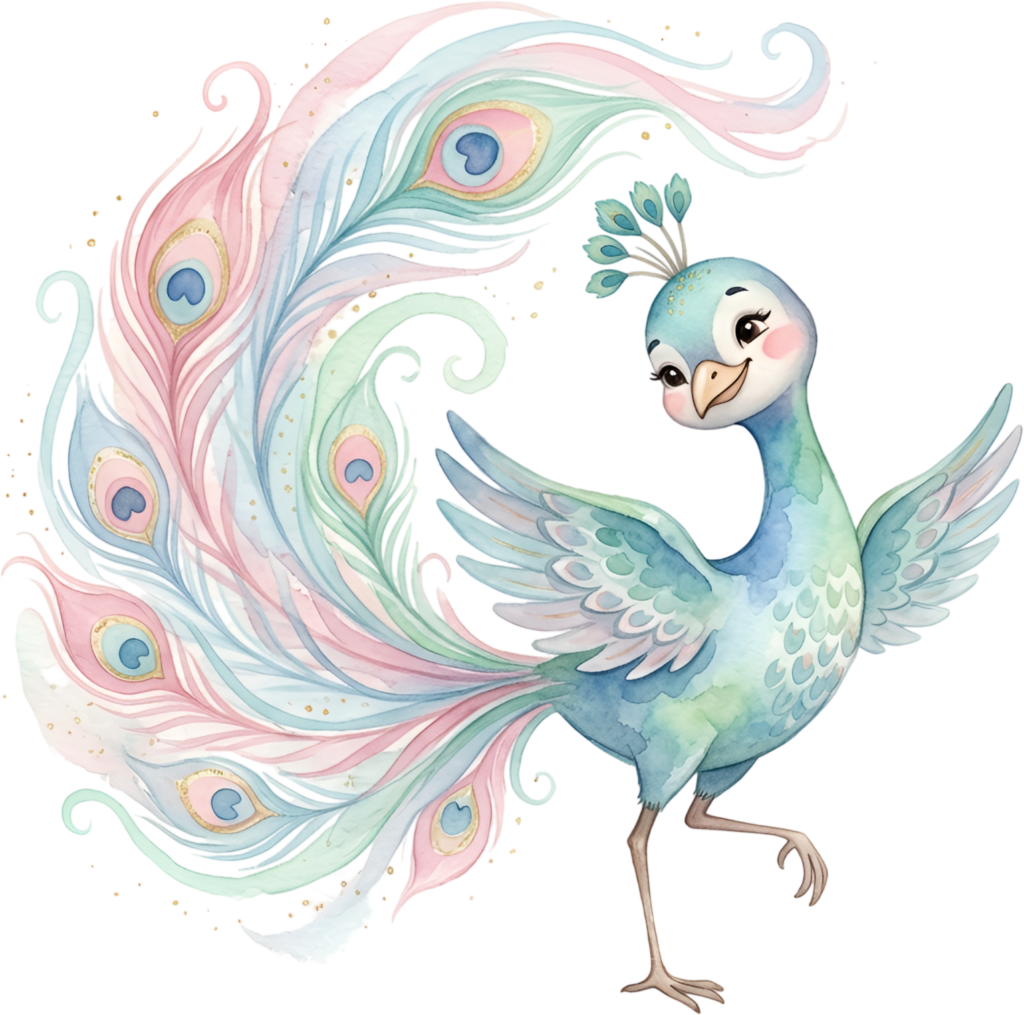 Happy Watercolor Peacock Clipart, a delightful Pastel Blue Peahen Illustration with flowing rainbow feathers PNG. 1 - Happy Watercolor Peacock Clipart, a delightful Pastel Blue Peahen Illustration with flowing rainbow feathers PNG. Free PNG Download