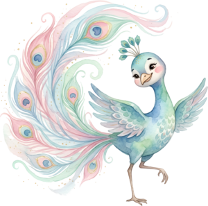Happy Watercolor Peacock Clipart, a delightful Pastel Blue Peahen Illustration with flowing rainbow feathers PNG.