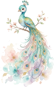 Sweet Pastel Blue Peachick PNG, a charming Watercolor Peacock Illustration on a blooming branch Clipart.