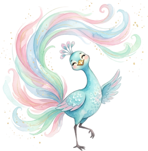 Vibrant Pastel Blue Peahen Illustration, a Joyful Watercolor Peacock PNG with swirling tail Clipart.