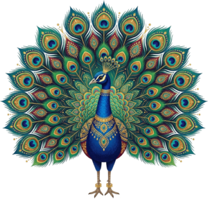 Regal Front-Facing Peacock with Golden Jeweled Crown and Symmetrical Feather Fan Illustration in PNG