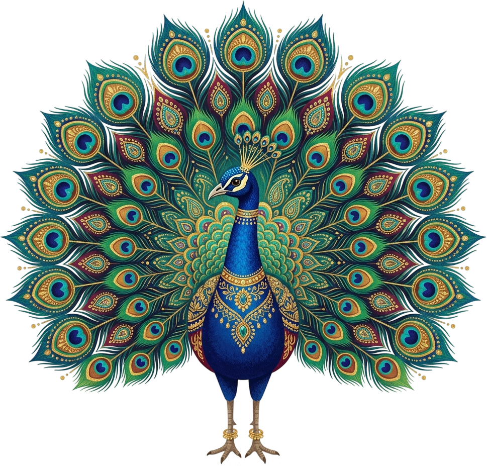 - Regal Front-Facing Peacock with Golden Jeweled Crown and Symmetrical Feather Fan Illustration in PNG Free PNG Download