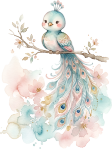 Charming Pastel Blue Peachick Illustration on floral branch, this Sweet Watercolor Peacock Clipart PNG.