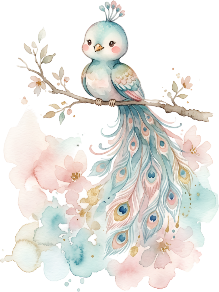 - Charming Pastel Blue Peachick Illustration on floral branch, this Sweet Watercolor Peacock Clipart PNG. Free PNG Download