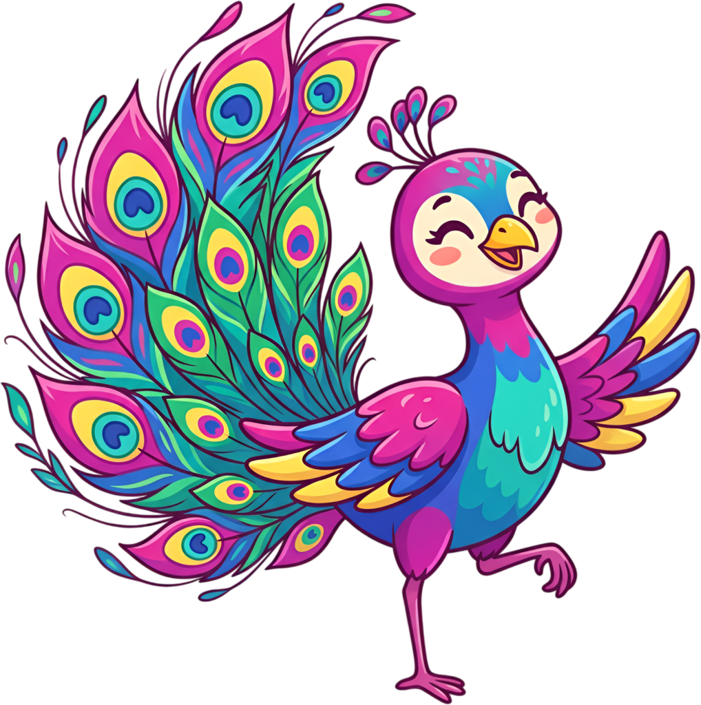 Vibrant Cartoon Peacock Illustration, a cheerful Pink Blue Bird Clipart with a long tail PNG. 1 - Vibrant Cartoon Peacock Illustration, a cheerful Pink Blue Bird Clipart with a long tail PNG. Free PNG Download