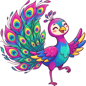Vibrant Cartoon Peacock Illustration, a cheerful Pink Blue Bird Clipart with a long tail PNG.