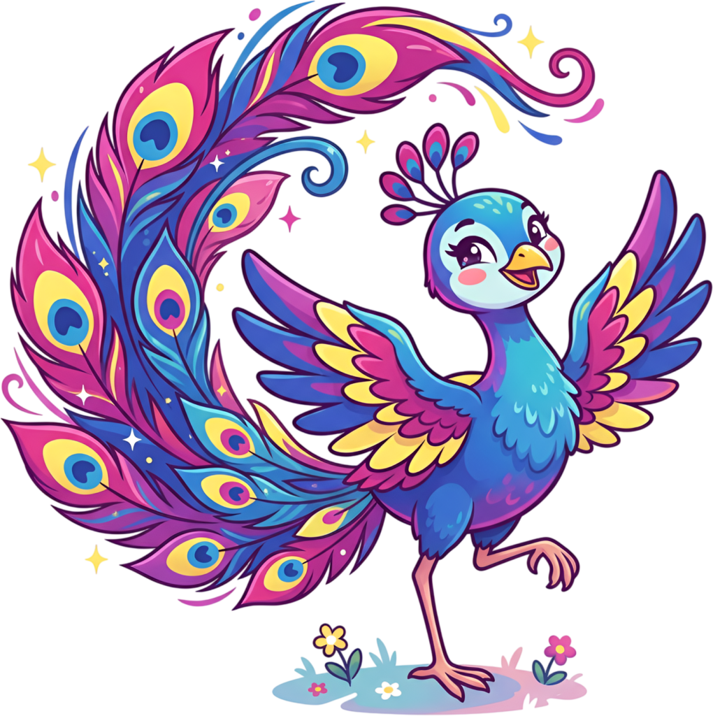 Delightful Pink Blue Bird Illustration, a Playful Cartoon Peacock PNG featuring a swirling tail Clipart. 1 - Delightful Pink Blue Bird Illustration, a Playful Cartoon Peacock PNG featuring a swirling tail Clipart. Free PNG Download