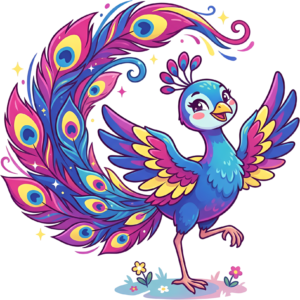Delightful Pink Blue Bird Illustration, a Playful Cartoon Peacock PNG featuring a swirling tail Clipart.