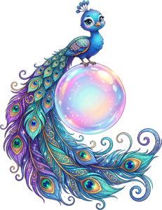 Magical Blue Bird Illustration, this Whimsical Peacock Clipart balances on an Iridescent Bubble PNG.