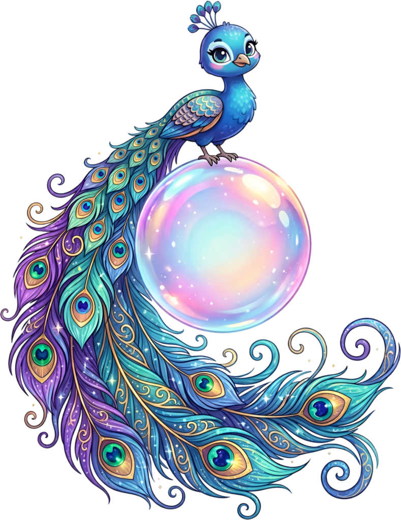 Magical Blue Bird Illustration, this Whimsical Peacock Clipart balances on an Iridescent Bubble PNG. 1 - Magical Blue Bird Illustration, this Whimsical Peacock Clipart balances on an Iridescent Bubble PNG. Free PNG Download