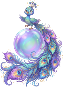 Charming Blue Bird Illustration, this Dreamy Peacock PNG balances on an Iridescent Bubble Clipart.