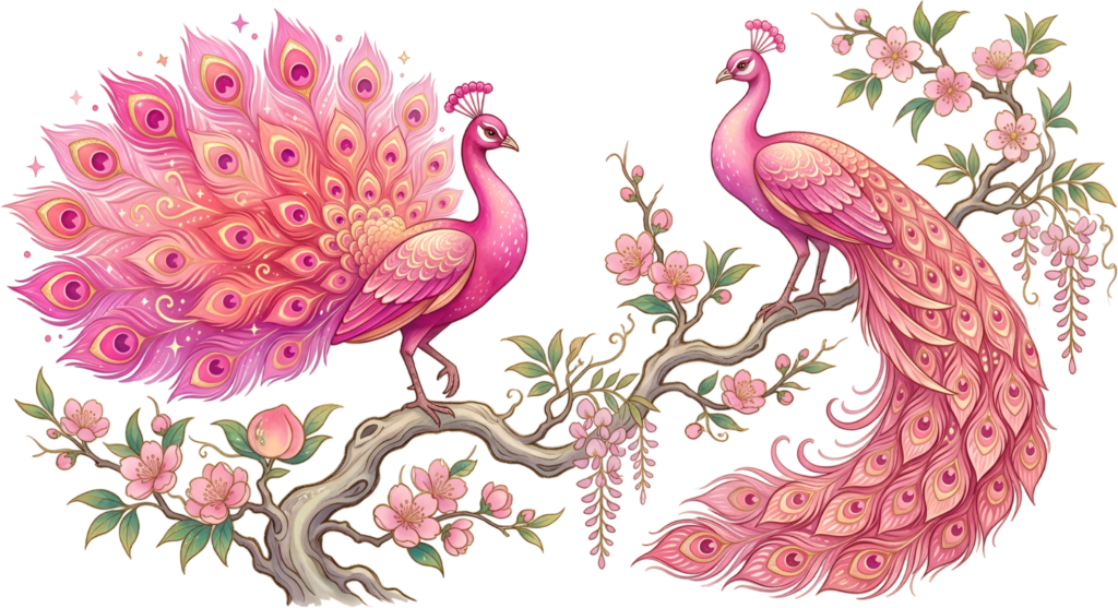 Elegant 2 Pink Peacocks on Cherry Blossom Branch, a luxurious Double Bird Clipart PNG Illustration. 1 - Elegant 2 Pink Peacocks on Cherry Blossom Branch, a luxurious Double Bird Clipart PNG Illustration. Free PNG Download