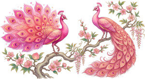 Elegant 2 Pink Peacocks on Cherry Blossom Branch, a luxurious Double Bird Clipart PNG Illustration.