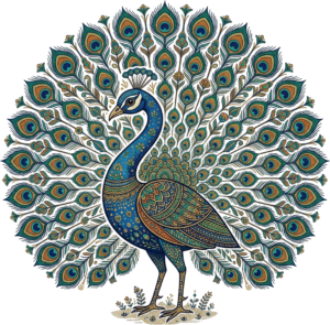 Traditional Indian Folk Art Style Peacock with Mandala Tail and Floral Grounding Illustration in PNG