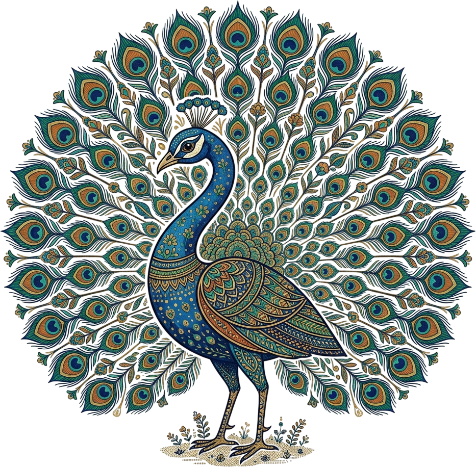 - Traditional Indian Folk Art Style Peacock with Mandala Tail and Floral Grounding Illustration in PNG Free PNG Download