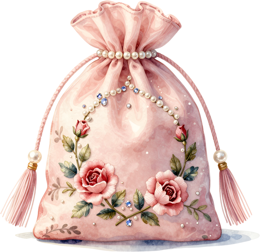 Pink Potli Bag featuring delicate roses, perfect for a charming Bridal occasion PNG Clipart asset