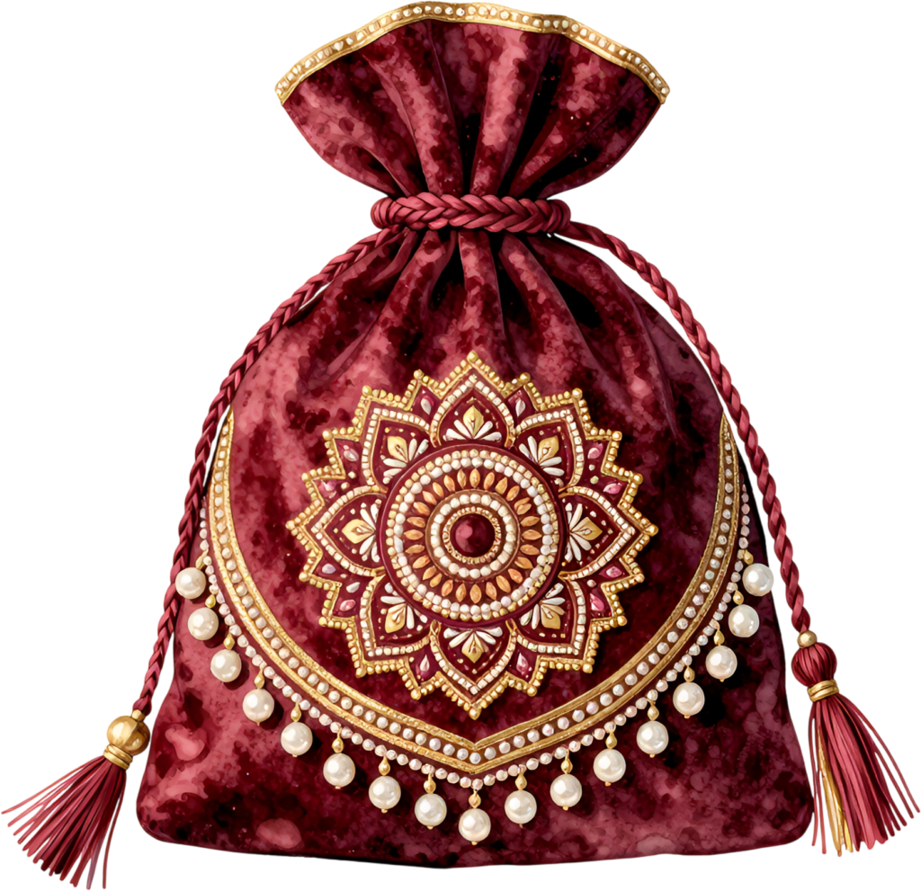 Regal Maroon Potli Pouch, adorned with golden mandala embroidery, an exquisite Bridal PNG Clipart illustration