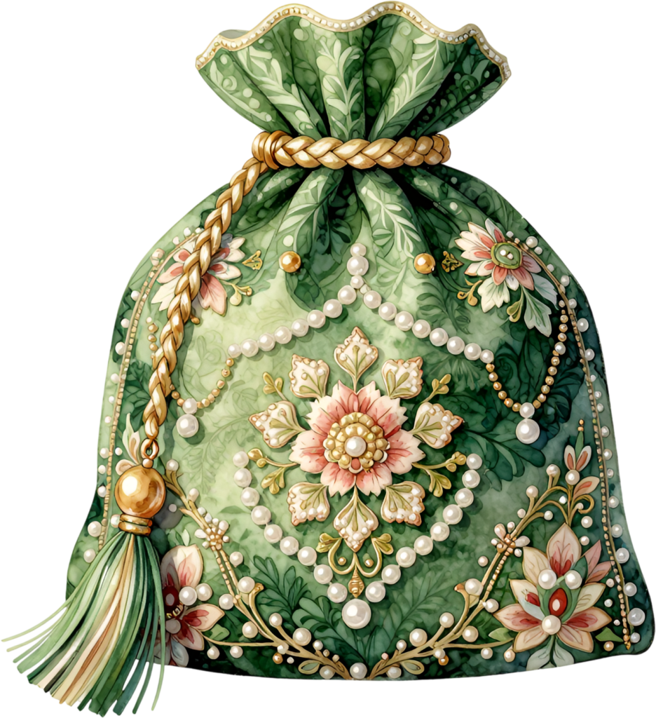Emerald Green Potli Bag, with intricate pearl cascades and floral motifs, a stunning Bridal PNG Clipart graphic