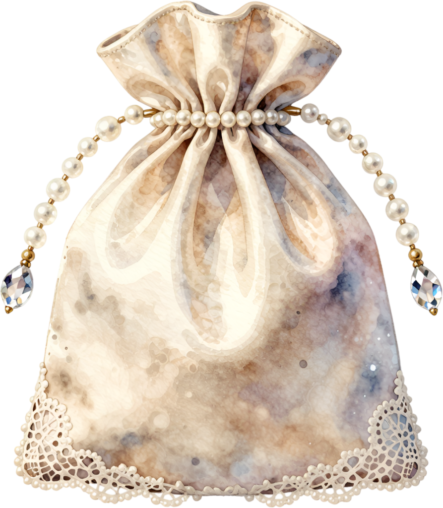 Chic Cream Potli Purse, highlighted with delicate lace trim and pearl drawstrings, ideal for a Bridal PNG Clipart