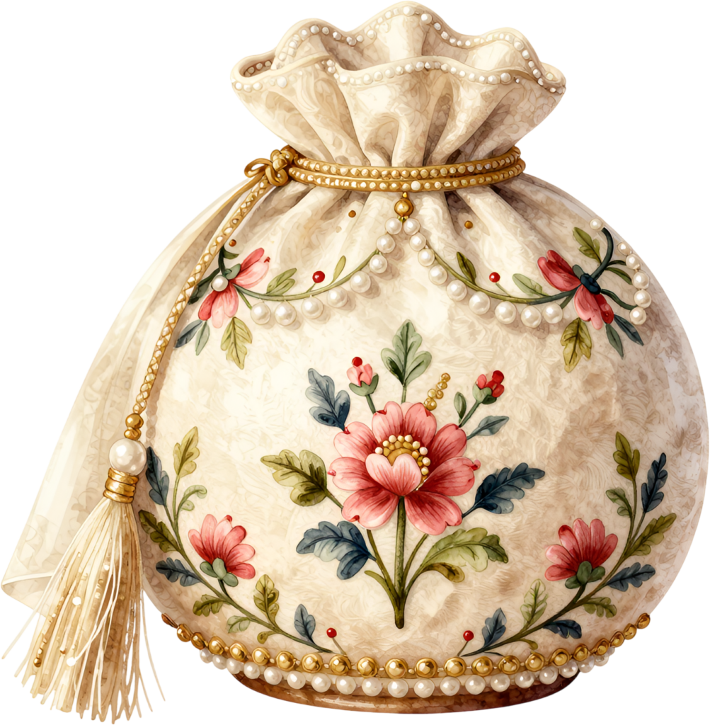 Classic Beige Potli Handbag, showcasing a beautiful floral embroidery and pearl-edged details, a perfect Bridal PNG Clipart