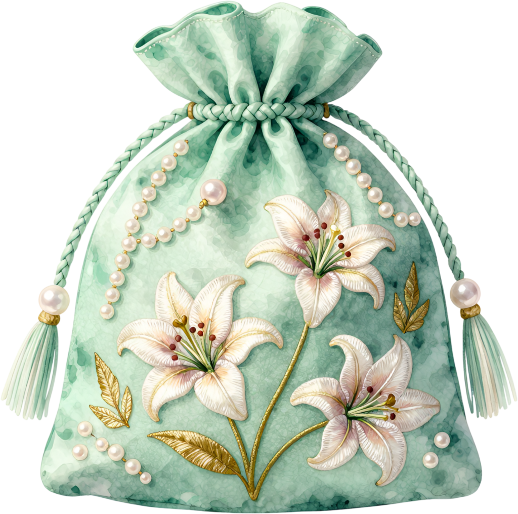 Mint Green Potli Bag, adorned with graceful white lilies and golden leaves, an exquisite Bridal PNG Clipart piece
