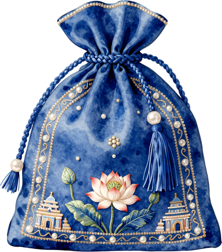 Deep Blue Potli Handbag, featuring a sacred lotus and temple designs, a unique Bridal PNG Clipart illustration