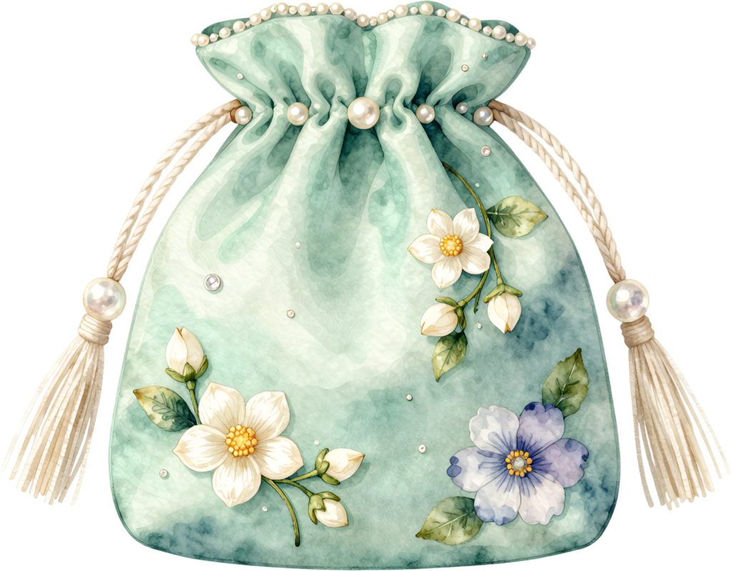 Serene Teal Potli Pouch, dotted with delicate white blossoms and sparkling gems, a lovely Bridal PNG Clipart image