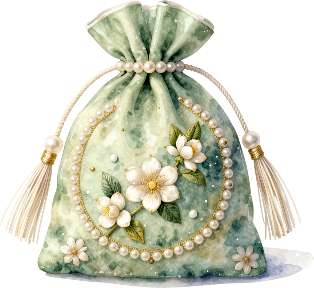Soft Green Potli Purse, encircled by a pearl wreath and tiny white flowers, ideal for a Bridal PNG Clipart