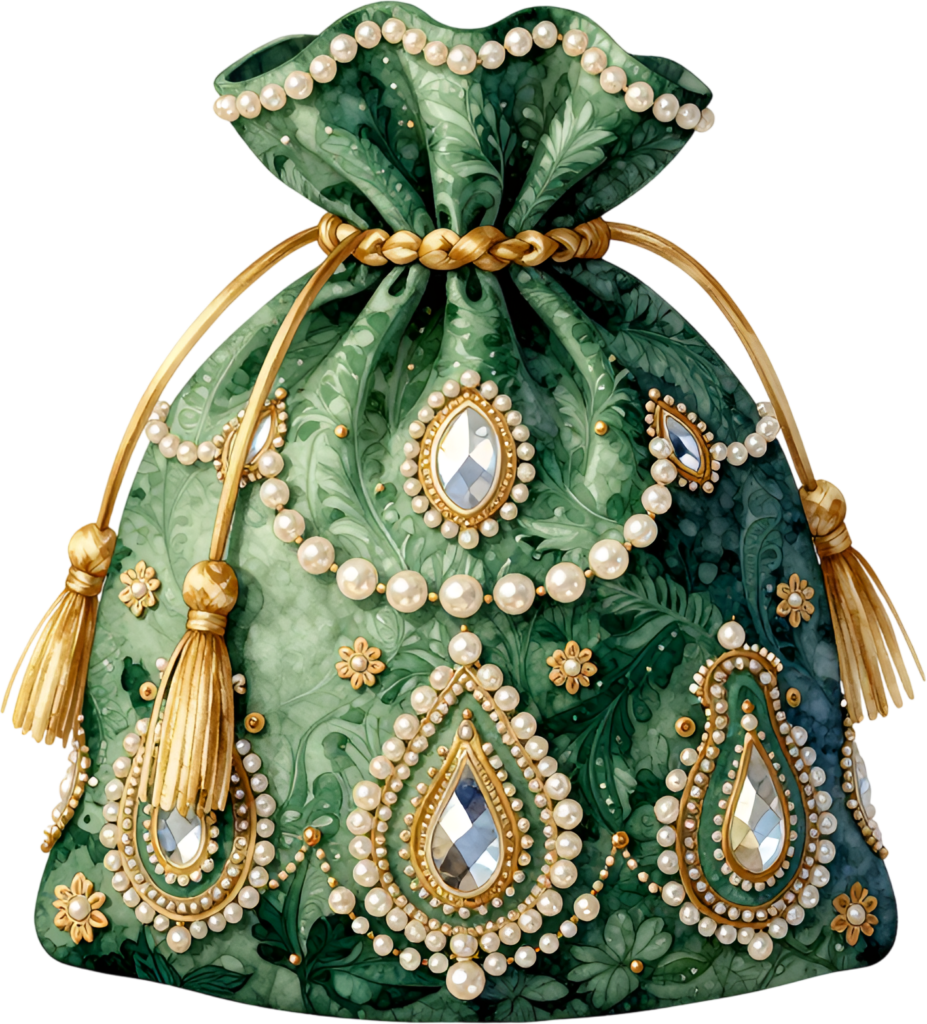 Ornate Teal Potli Bag, showcasing intricate jeweled patterns and pearl embellishments, a grand Bridal PNG Clipart asset