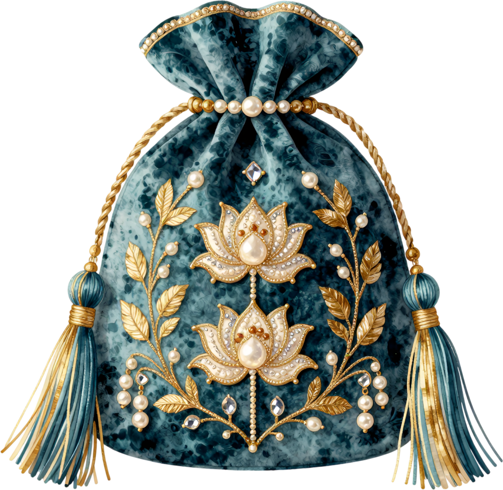 Majestic Blue Potli Pouch, with golden lotus blooms and pearl vines, perfect for a sophisticated Bridal PNG Clipart