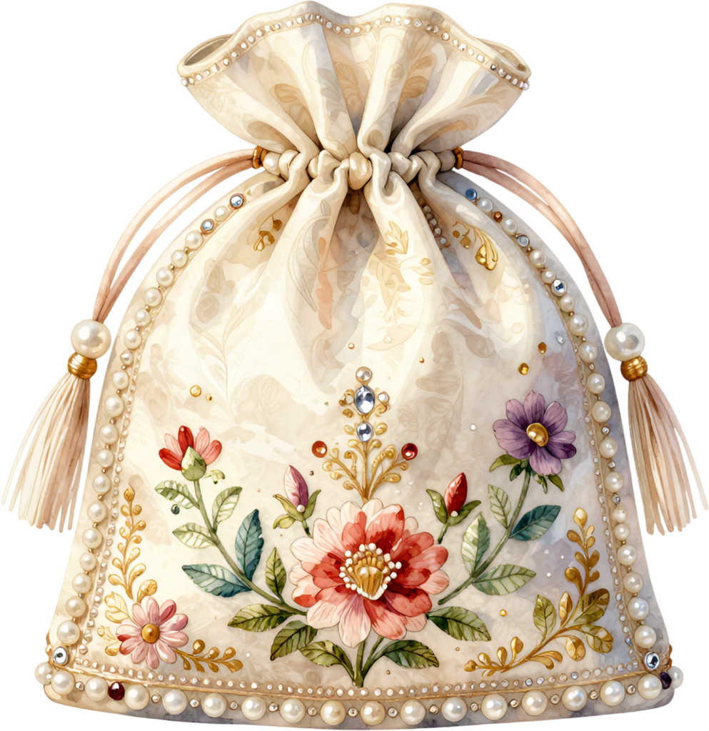 Vintage Cream Potli Bag, featuring vibrant floral sprays and sparkling jewels, a charming Bridal PNG Clipart file