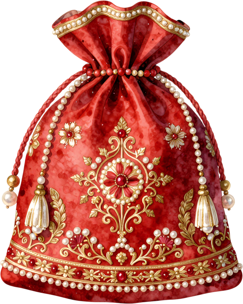 Ruby Red Potli Bag, rich with golden embroidery and pearl details, an ideal festive Bridal PNG Clipart image