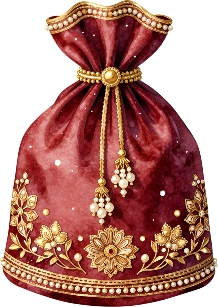 Deep Red Potli Pouch, embellished with golden floral appliques and hanging pearls, a grand Bridal PNG Clipart design