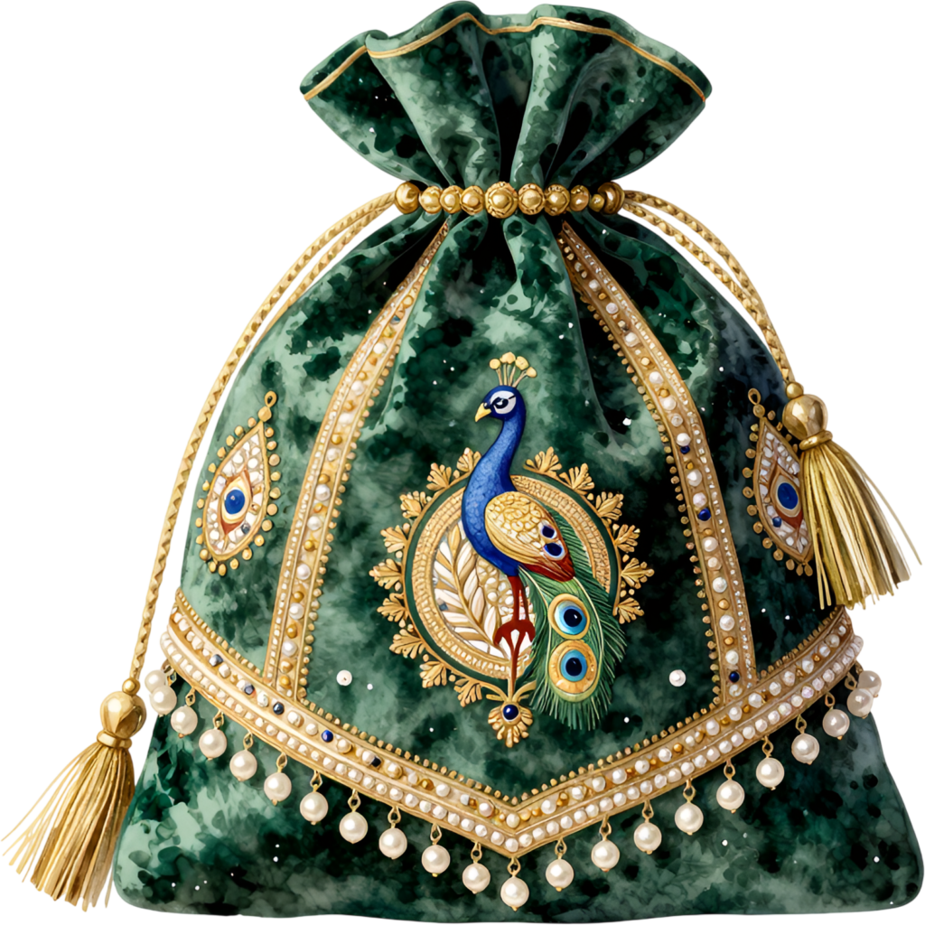 Verdant Green Potli Bag, showcasing a magnificent peacock and sparkling jewels, a lavish Bridal PNG Clipart asset