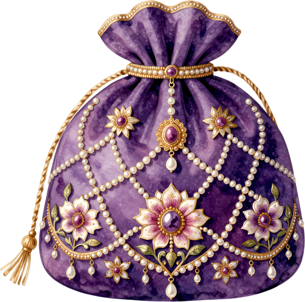 Royal Purple Potli Pouch, intricately designed with pearl lattices and jeweled flowers, a stunning Bridal PNG Clipart