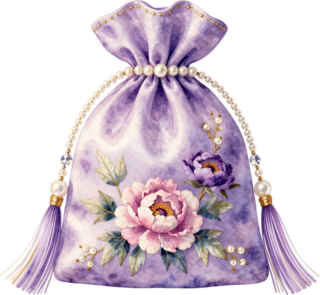 Lavender Potli Bag, blooming with elegant peonies and delicate pearl tassels, perfect for a charming Bridal PNG Clipart
