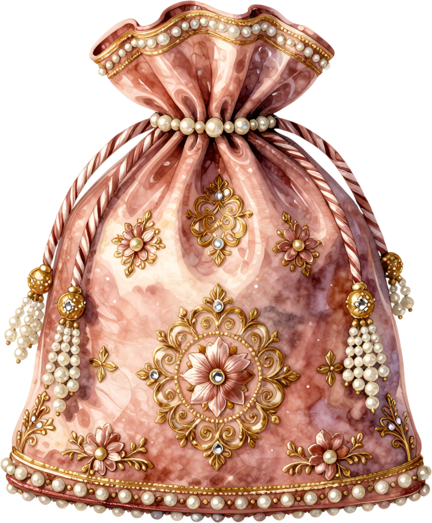 Rose Gold Potli Bag, detailed with ornate golden flourishes and shimmering gems, a luxurious Bridal PNG Clipart